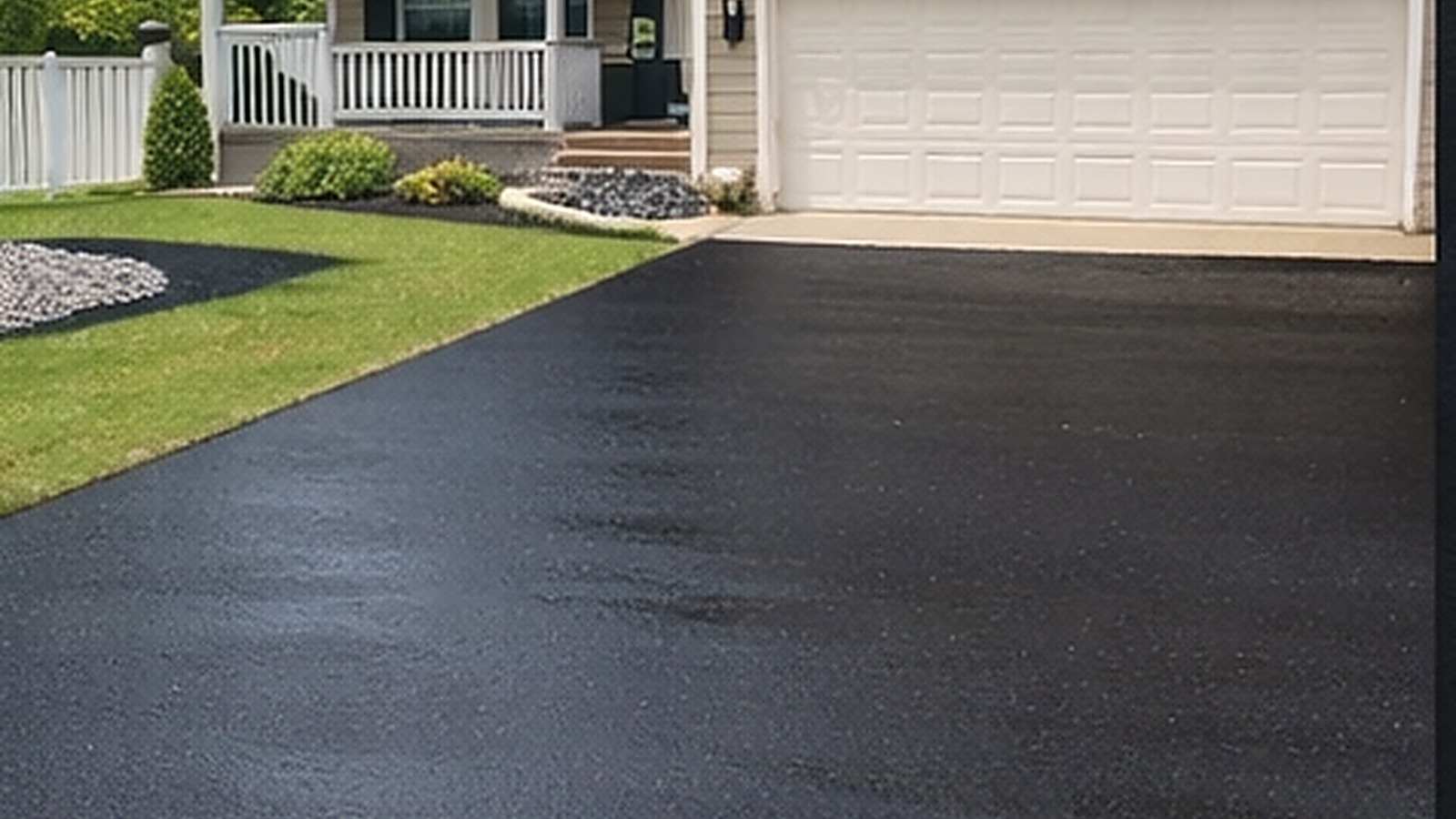 Freshly sealcoated residential driveway with clean edges and a uniform black finish