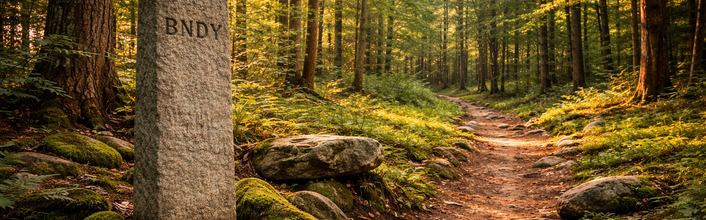 Forest trail with a granite boundary marker