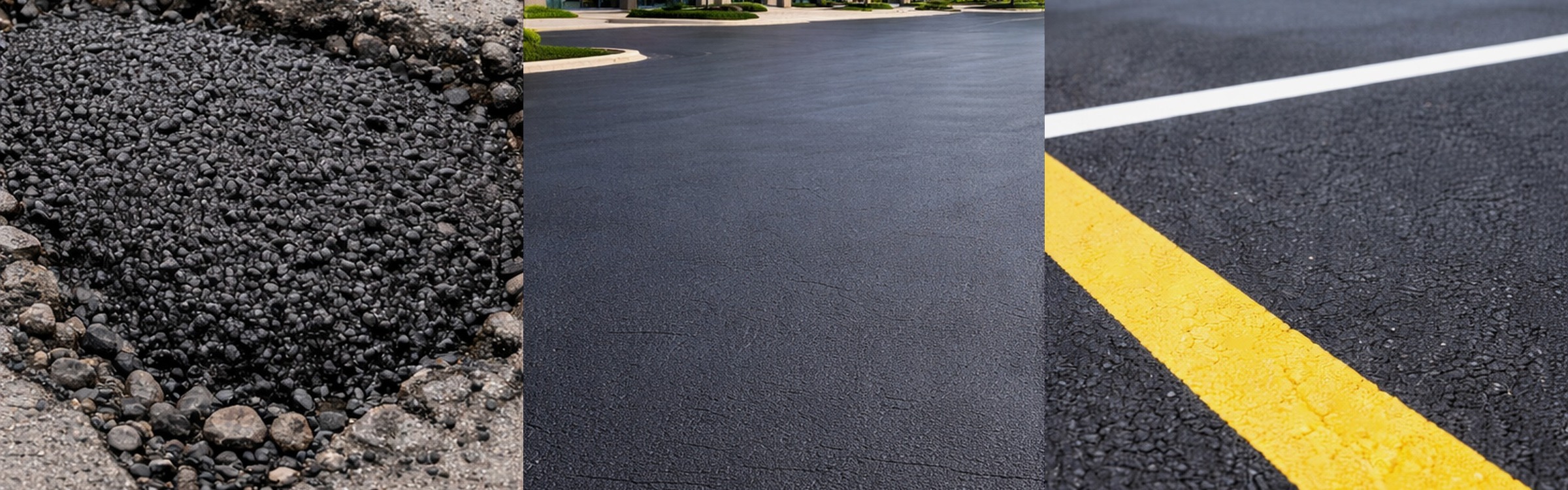 Asphalt maintenance collage showing pothole patching, fresh sealcoat finish, and crisp parking lot striping
