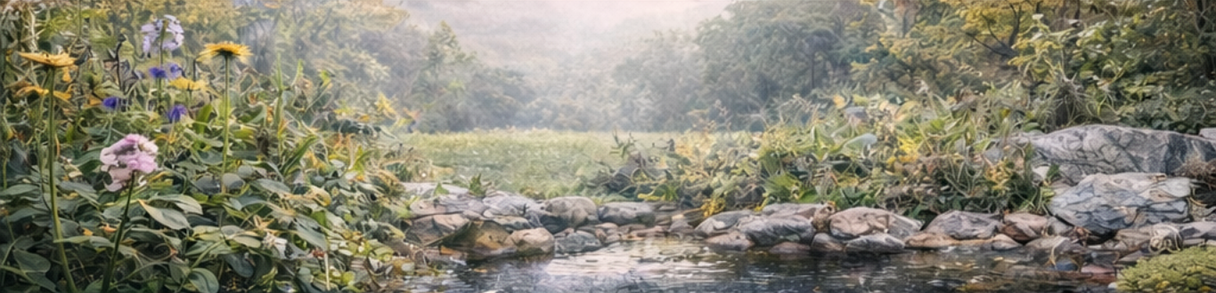 Backyard water garden pond with wildflowers, stone edging, and landscaped lawn