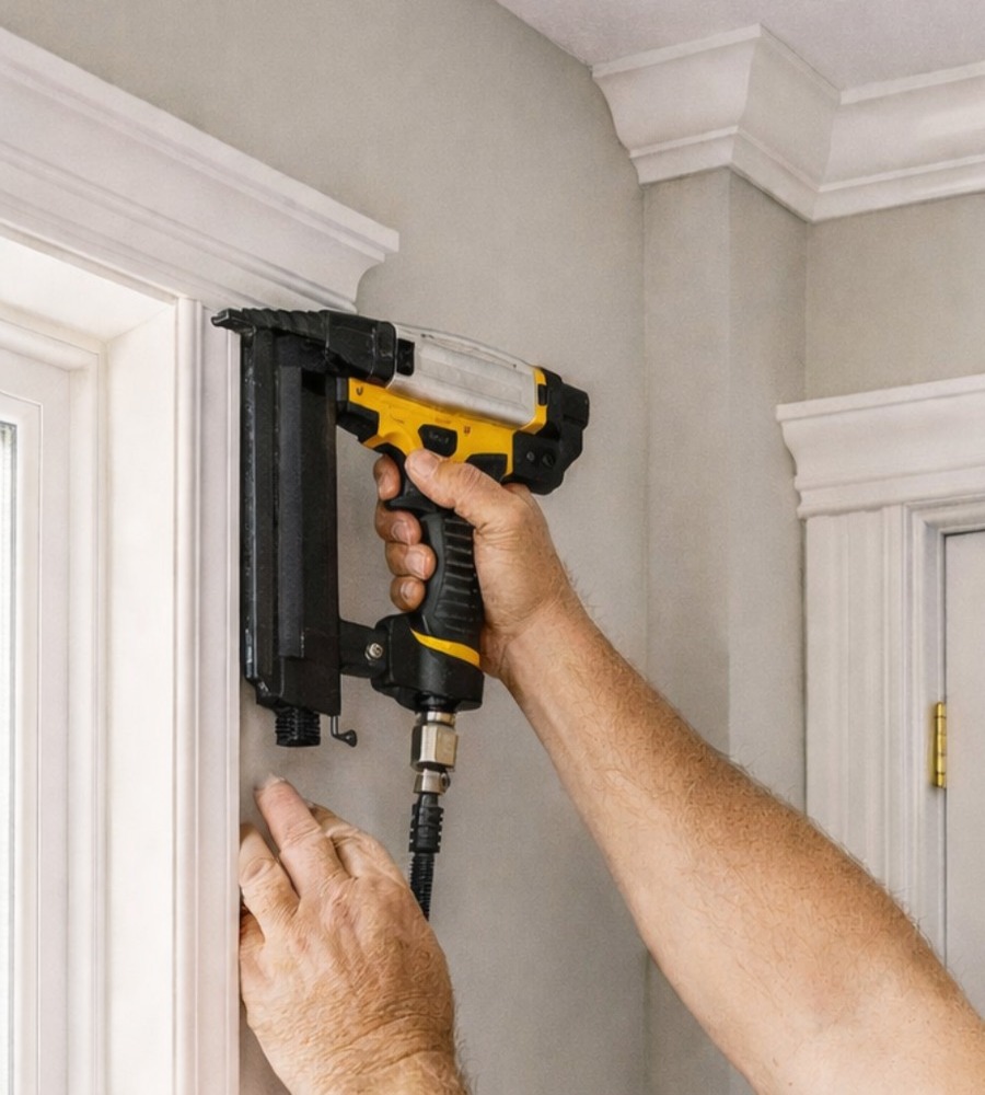 Finish carpentry installing crown molding and trim above a door