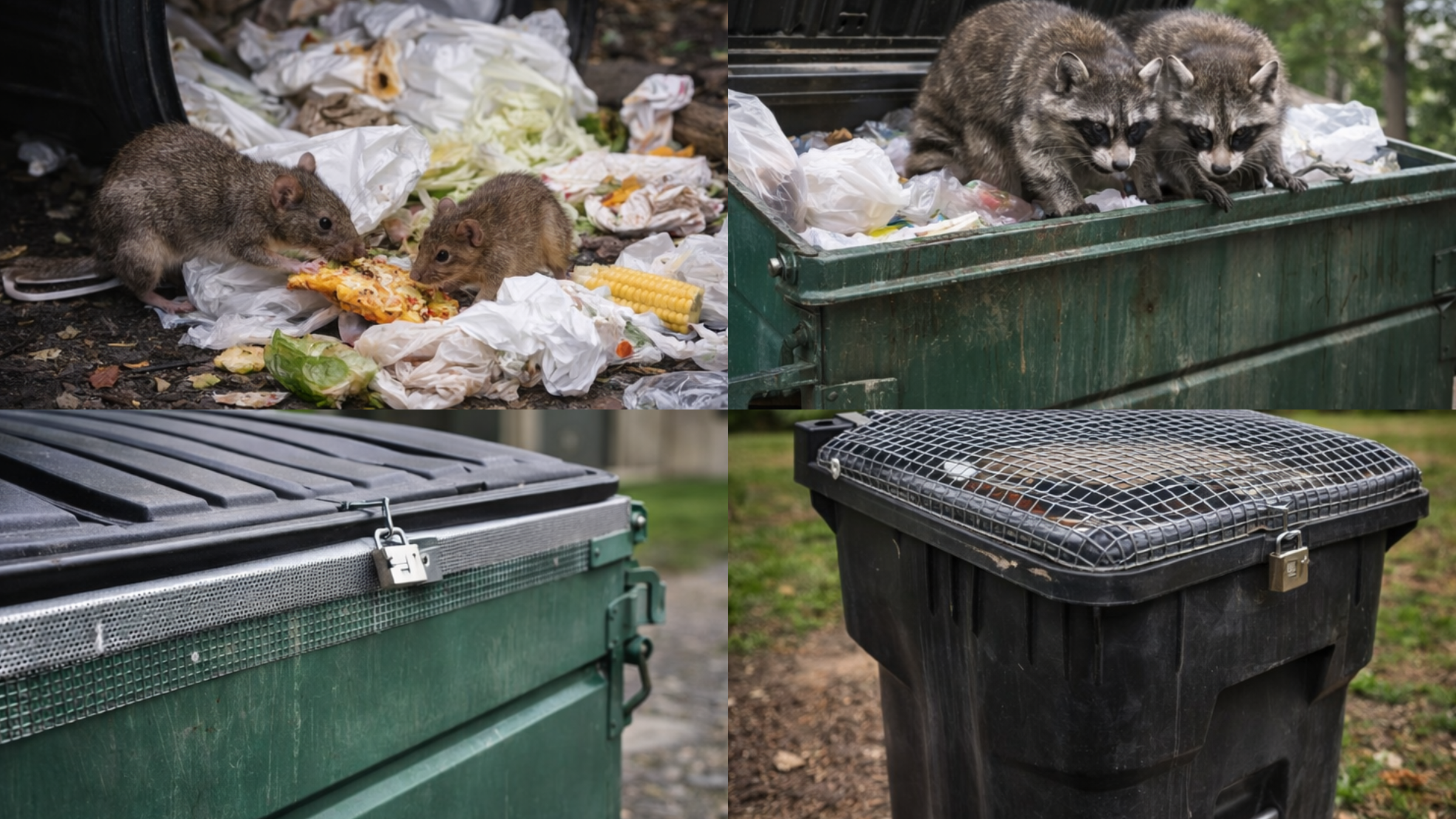 Secured trash and dumpster solutions to reduce wildlife and rodent food sources