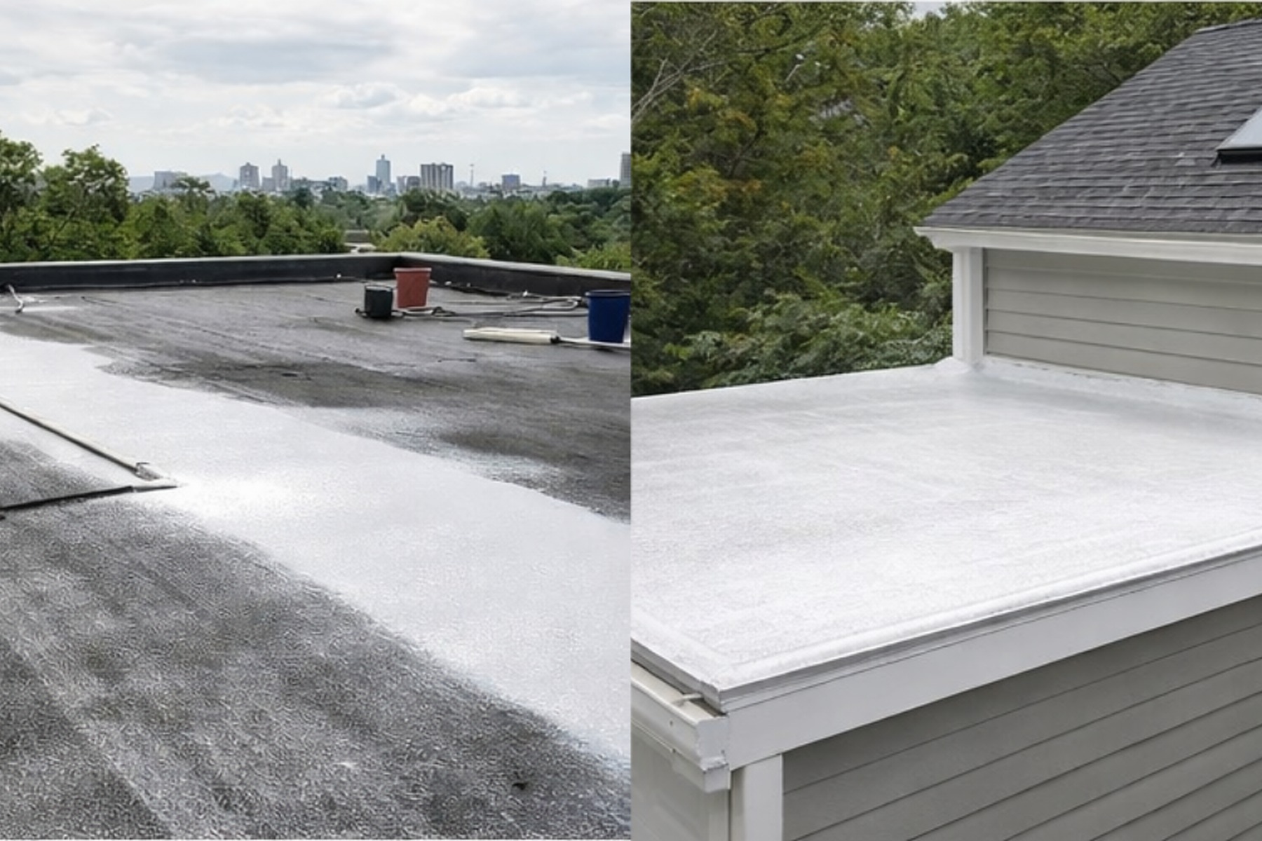 Side-by-side view of a commercial roof coating project and a residential low-slope roof coating, showing typical flat and low-slope applications