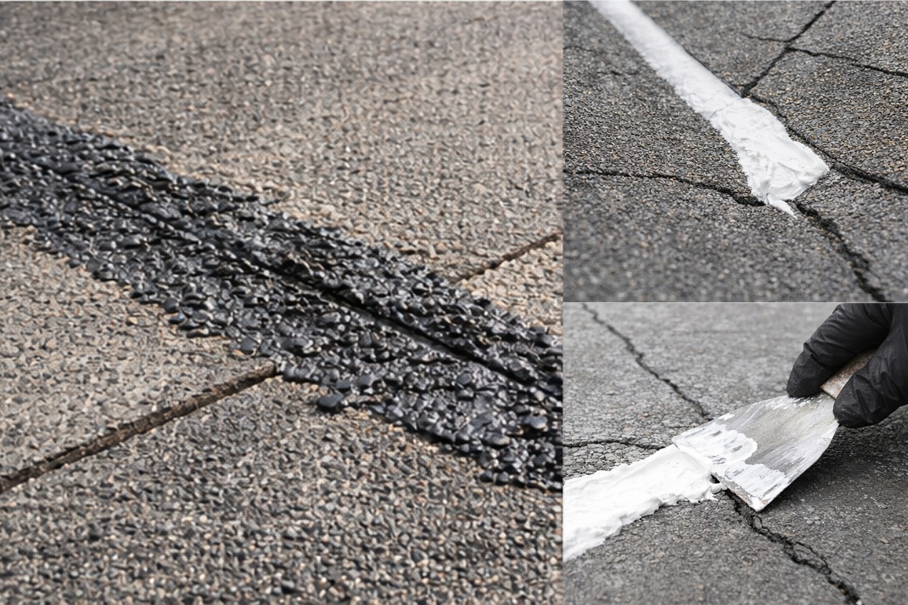 Roof repair collage showing asphaltic seam repair, crack seal detail, and a trowel-applied patch on a weathered roof surface