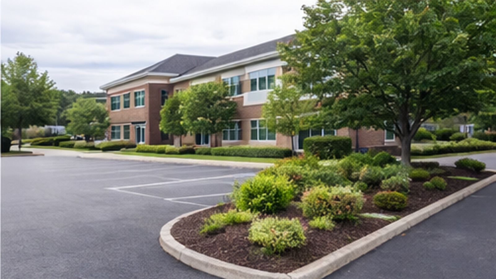 Commercial parking lot with landscaped island and shrubs in front of office building
