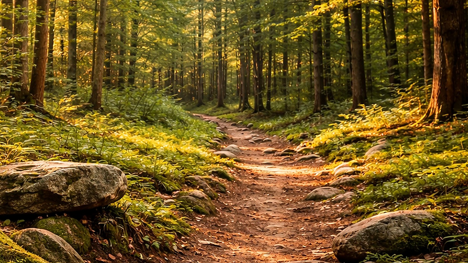 Wooded trail with stone edging and natural access path through the forest